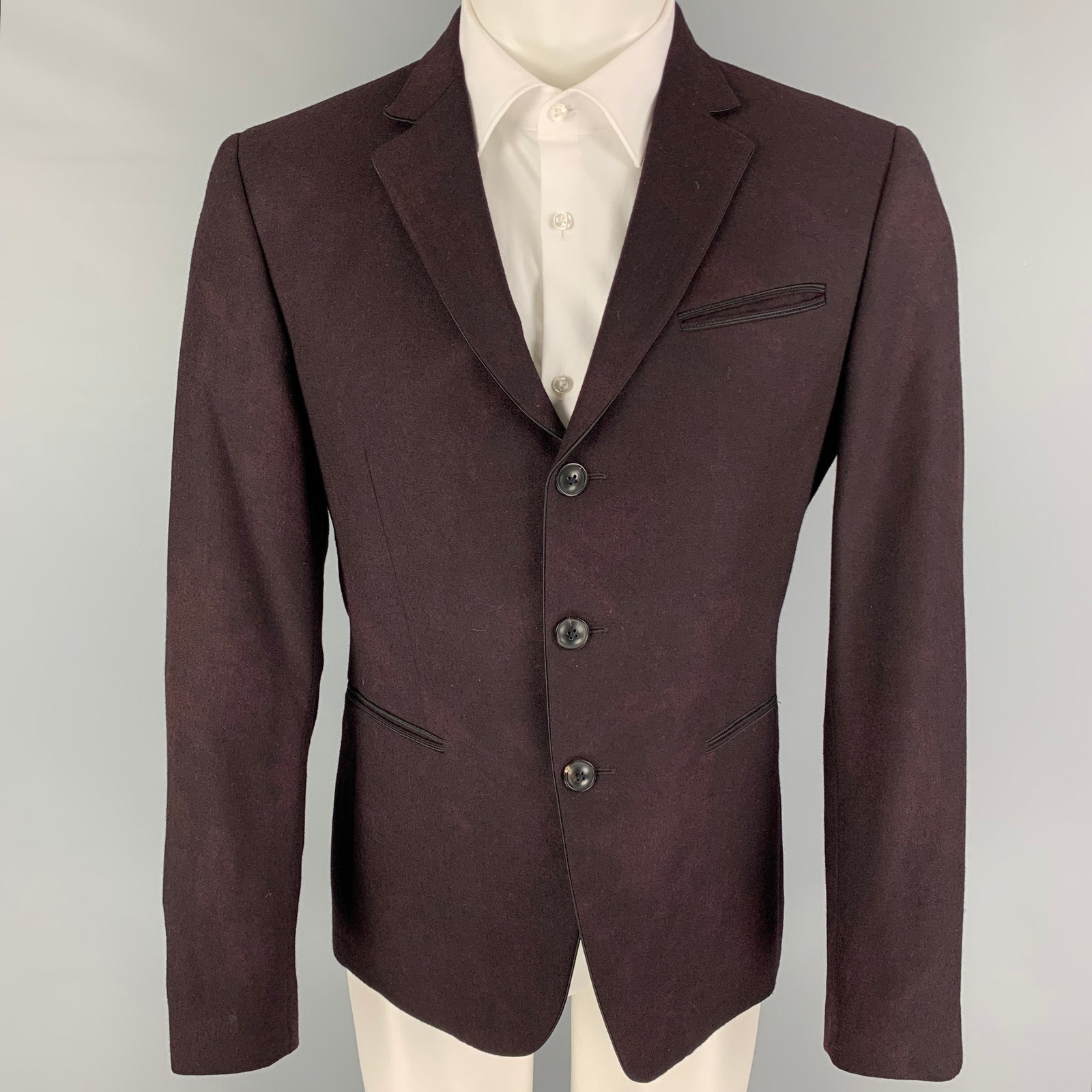 John Varvatos Size 38 Burgundy Black Dyed Wool Notch Lapel Sport Coat